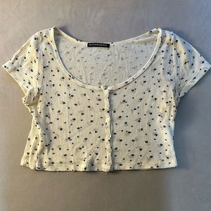 Brandy Melville Cropped Button Down Tee Cream Blue Floral Like New OS